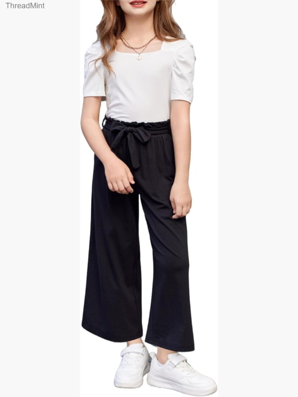 Girls 2 Piece Outfit Puff Sleeve Top & Wide Leg Pants Set 6-14